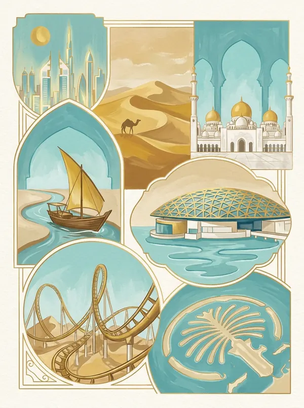 Ilustração editorial de um roteiro de viagem com marcos de Dubai e Abu Dhabi, como o Burj Khalifa, dunas e cúpulas de mesquita, em tons de areia e dourado.
