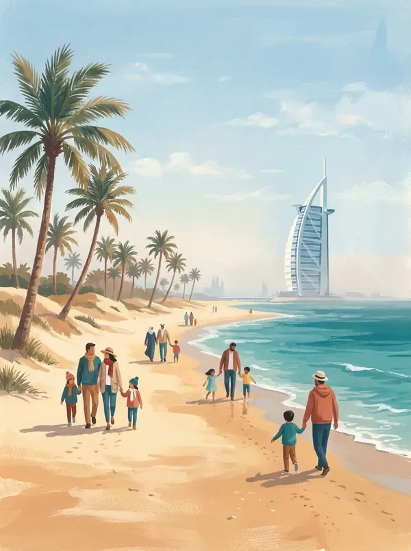 Ilustração editorial em aquarela de uma praia de Dubai com palmeiras, famílias caminhando à beira-mar em roupas leves de inverno e o Burj Al Arab ao fundo, sob céu claro.