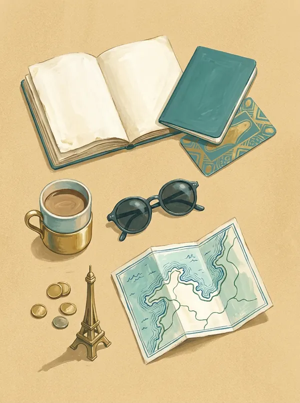 Ilustração editorial de planejamento de viagem a Dubai, com passaporte, cédulas de dirham, cartão, calculadora e o skyline da cidade ao fundo.