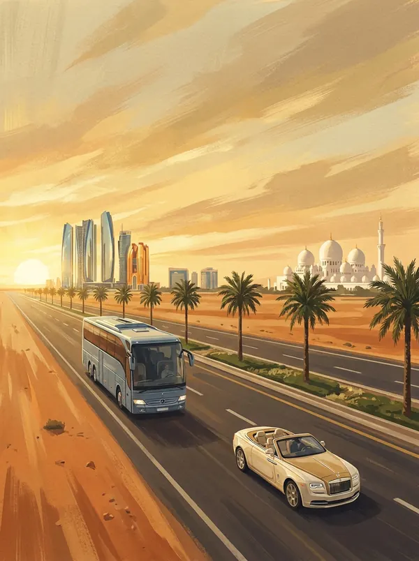 Ilustração editorial de uma estrada no deserto ligando o skyline de Dubai às cúpulas brancas de Abu Dhabi, em tons de areia e dourado.