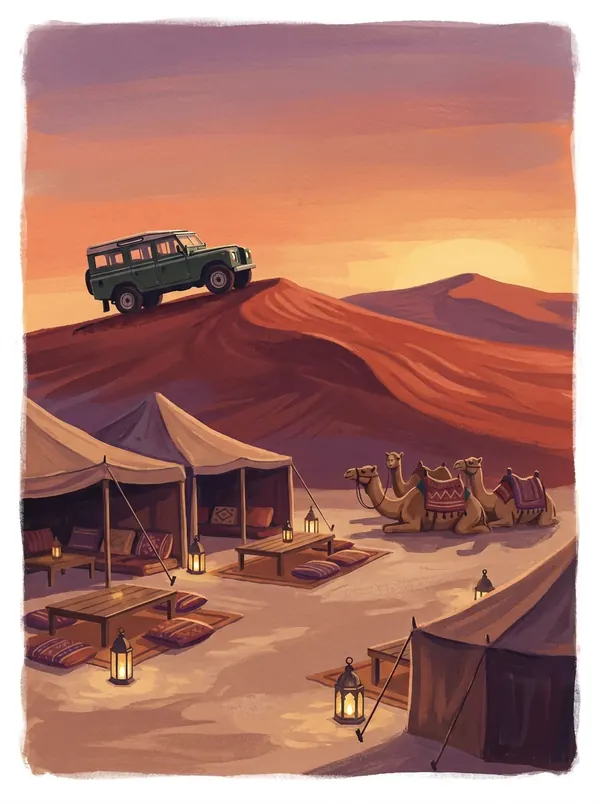 Ilustração editorial de um safári no deserto de Dubai, com um 4x4 sobre dunas douradas ao pôr do sol