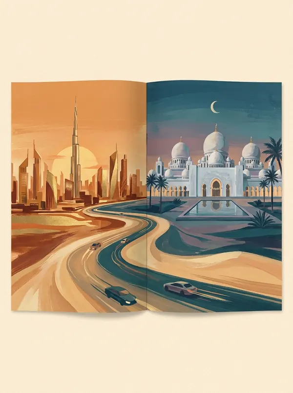 Ilustração editorial dividida ao meio: à esquerda, o skyline de Dubai com o Burj Khalifa ao pôr do sol; à direita, a Grande Mesquita Sheikh Zayed com espelho d'água e palmeiras, ligadas por uma estrada sinuosa.