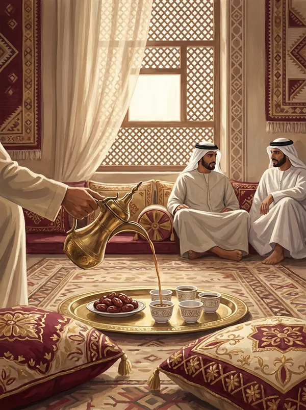 Ilustração editorial de um anfitrião servindo café árabe de uma dallah dourada a dois homens emiráticos de kandura e ghutra, sentados num majlis com almofadas e tapetes tradicionais.