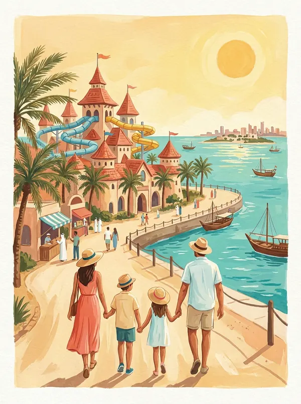 Ilustração editorial de uma família passeando à beira-mar, com o skyline dos Emirados ao fundo