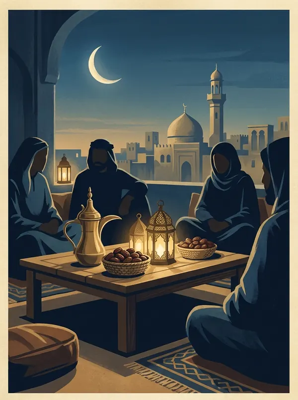 Ilustração editorial de uma noite de Ramadã nos Emirados, com lanternas acesas, lua crescente e uma mesa de iftar preparada ao entardecer.