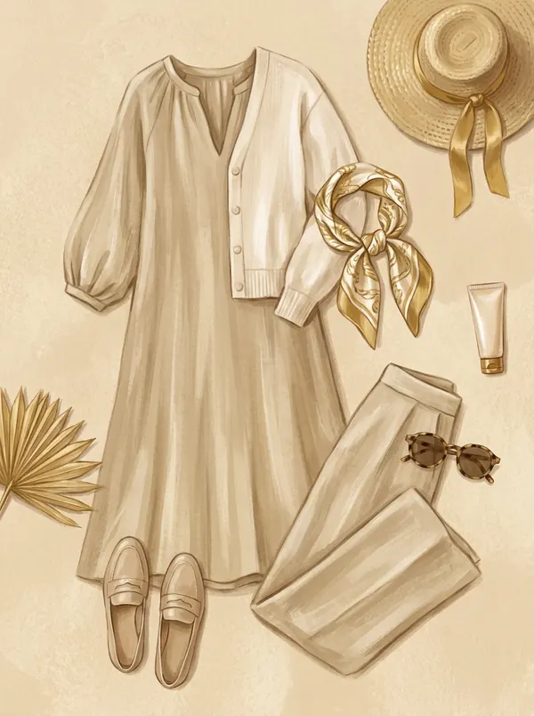Ilustração editorial em tons de areia com um vestido longo de manga comprida, cardigã claro, lenço de seda dourado, calça de linho, óculos de sol, protetor solar e uma folha de palmeira seca.